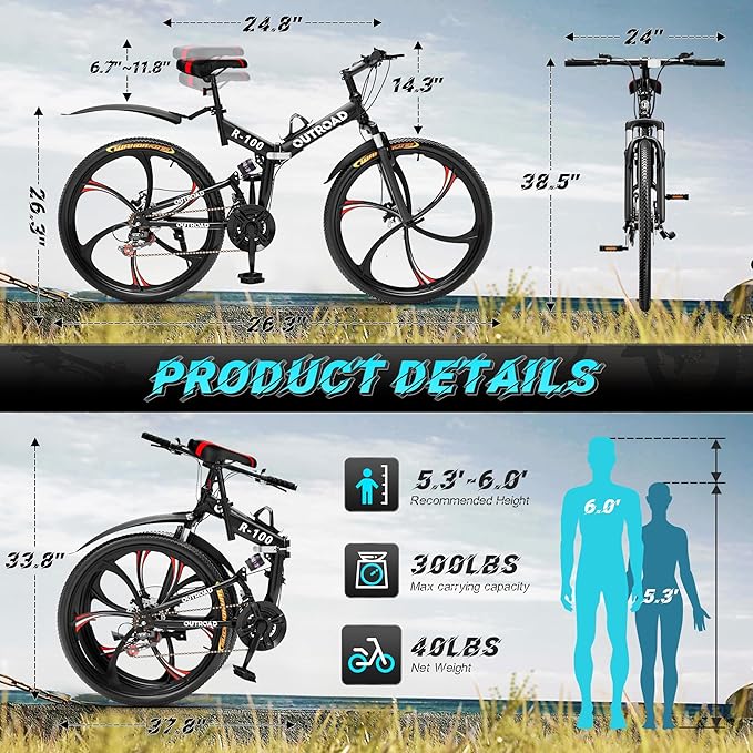 Betterland 26 Inch Adult Folding Mountain Bike, 21 Speeds Full Suspension Foldable Bikes, Dual Disc Brake, High Carbon Steel Frame Bicycle for Men Women