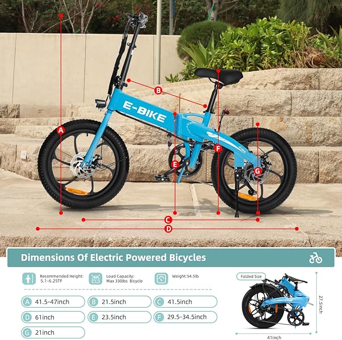 20" Folding Electric Bike for Adults, 850W Lightweight Foldable Ebike, 4lbs,60+ Mile Range, 25mph Top Speed, Fat Tire Electric Bicvcle