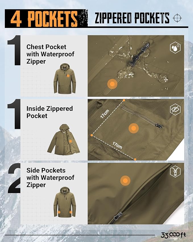 33,000ft Men's Packable Rain Jacket Lightweight Rain Shell Jacket with Hood Waterproof Raincoat for Cycling