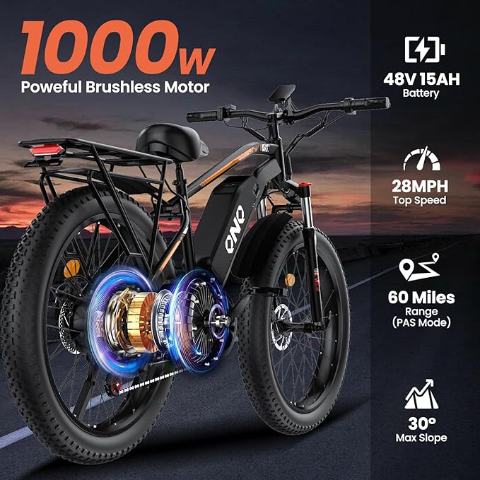 Adult Fat Tire Electric Bike 1500W Peak Motor - 48V 15Ah Fast Electric Mountain Bike, 20MPH & 60 Miles Long Range Ebike, 26" All Terrain E-Bike for Men Women with Lockable Suspension & 7 Speed Gears