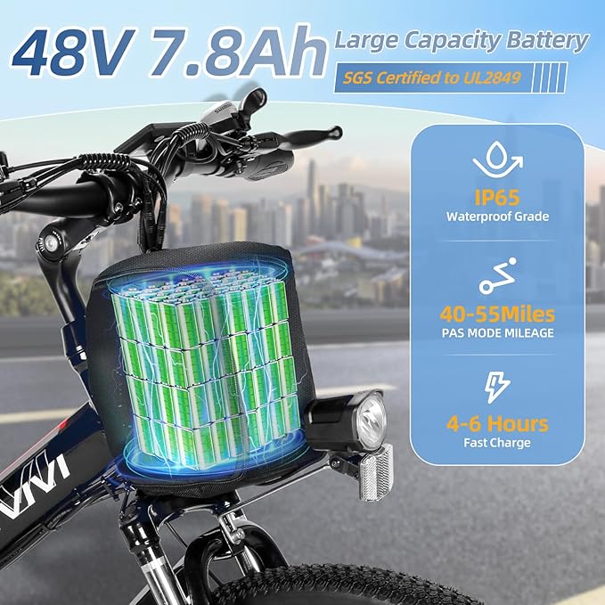 Vivi M026TGB Electric Bike 26" Electric Bike for Adults, Peak 750W Folding Electric Mountain Bike, 48V Removable Battery Ebike, 21 Speed Ebike, Top 22 Mph, Up to 50 Miles, SGS Certified to UL2849