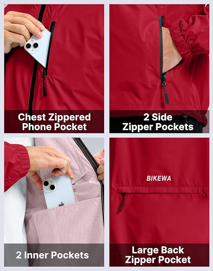 Bikewa Men's Cycling Rain Jackets Waterproof Running Bike Windbreaker Lightweight Packable Hooded Jacket