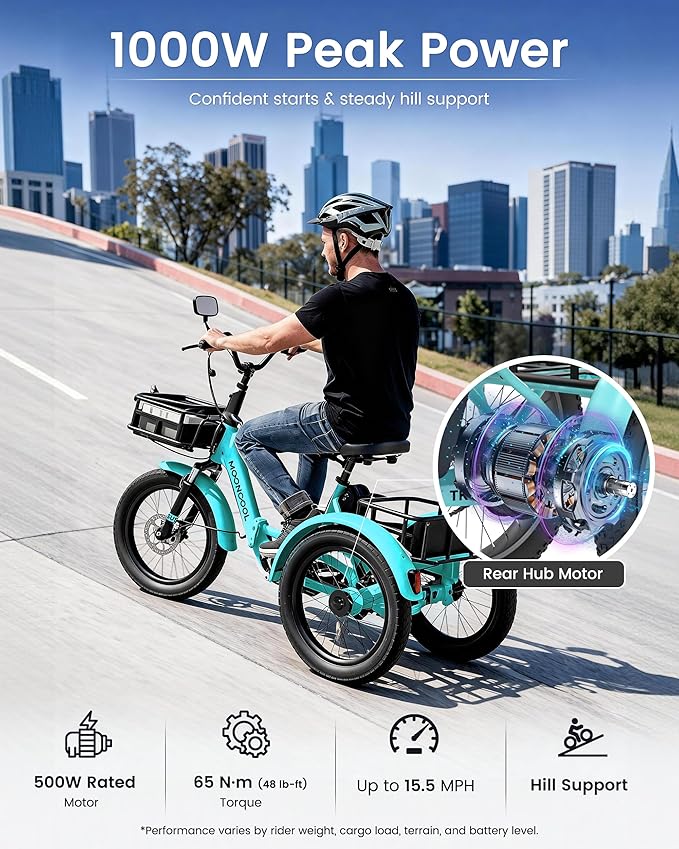 MOONCOOL Electric Trike for Adults, 500W/750W 48V Electric Tricycle for Adults Peak Power 1500W, 20"x3.0" Fat Tire 3 Wheel Electric Bike, Folding Aluminum Adult Tricycle with Removable Battery