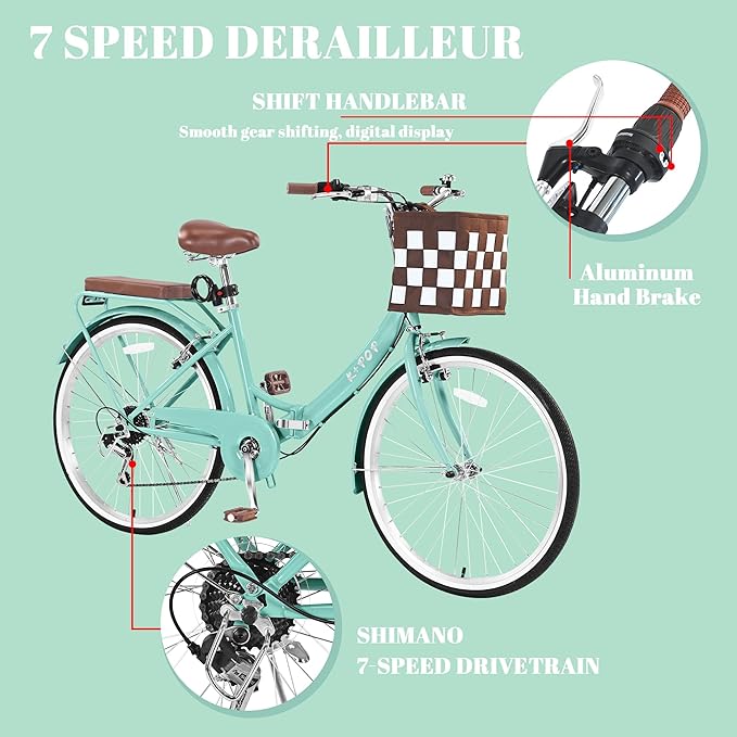 24/26 Inch Foldable Beach Cruiser Bike for Women, 7 Speed Folding Bikes for Adults, Womens City Bike with Basket & Adjustable Seat, Step Through Commute Bikes for Women Adults