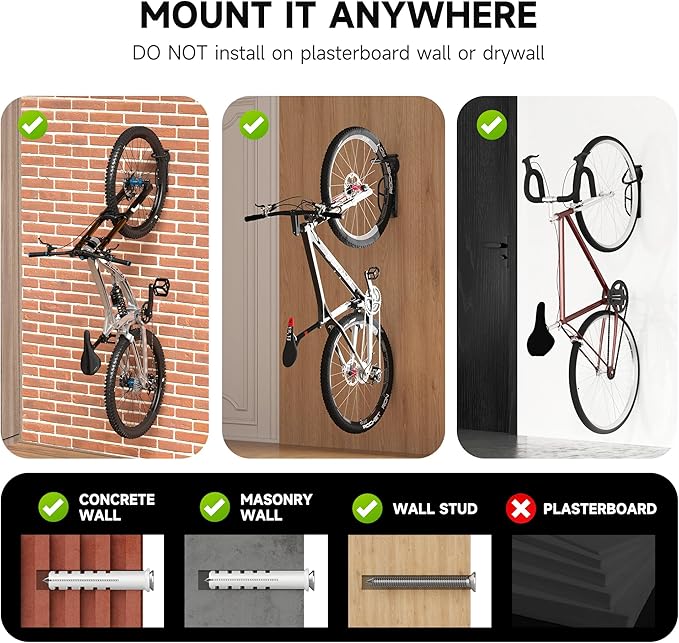 suptek 2 Packs of Vertical Bike Rack Wall Mount - Heavy Duty Garage Bike Hanger for Indoor Storage, Easy to Hang and Detach, Supports Up to 132 lb, BYPA01-2