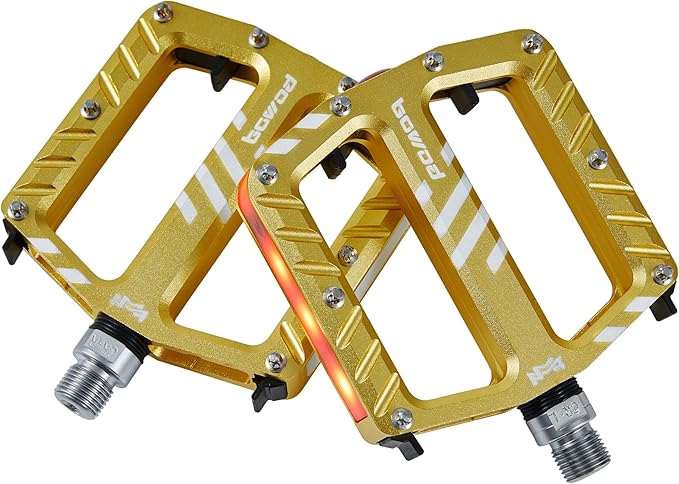 Bicycle Pedals with LED lights 5 Modes, Tap On-Off, USB Rechargeable, Waterproof, Flat CNC Aluminum Road Bike Pedals w 9/16" Cr-Mo Steel Axel w Pin, for Ebike, Commuter, Hybrid, City, Beach Bike