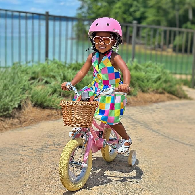 Petimini Vintage Kids Bike for Girls, 12–20 Inch Classic Bicycle with Wicker Basket & Bell, High Tensile Steel Frame, Training Wheels (12–18”), 85% Pre-Assembled, Retro Bike for Outdoor Riding