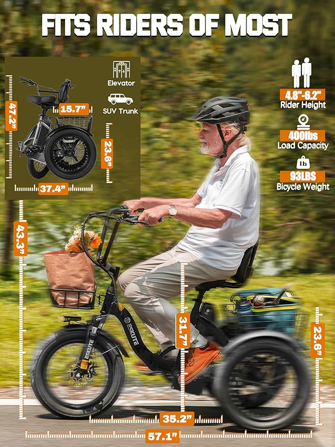 T300 Adults Electric Trike Bike, 1200W Peak Motor & 624Wh Removable Battery,18x3.0 Fat Tire Foldable 3-Wheel E-Bike with Step-Thru Design, Up to 65 Miles, Gift for Parents