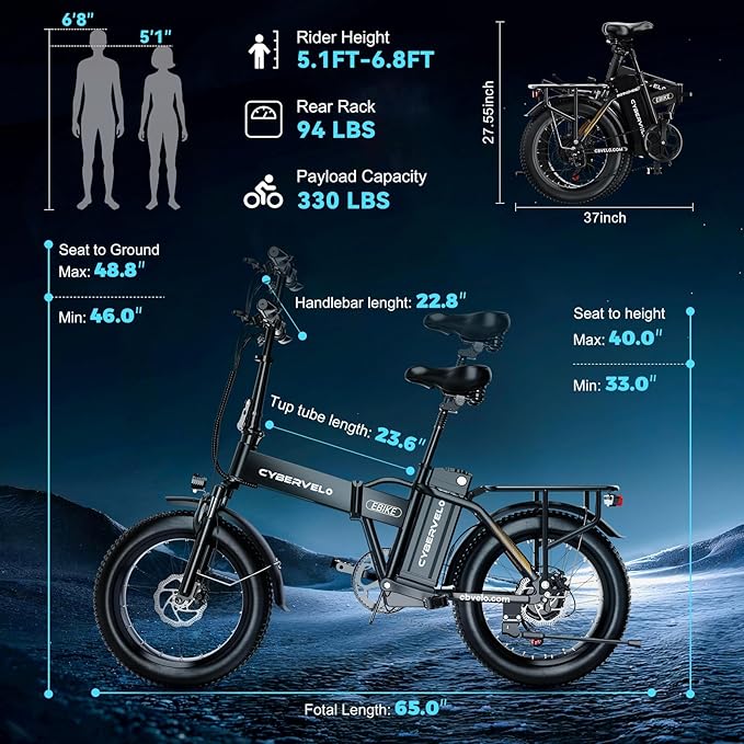 1000W Folding Electric Bike,48V 20AH Removable Battery EBike,30+MPH,80 Miles Max Range Electric Bike for Adults, 20" Fat TireFoldable ebike, Adult Electric Bicycles