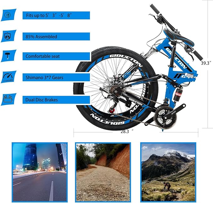 26" Folding Mountain Bike,21 Speed Full Suspension Foldable Bikes,Dual Disc Brakes Bicycle for Adults