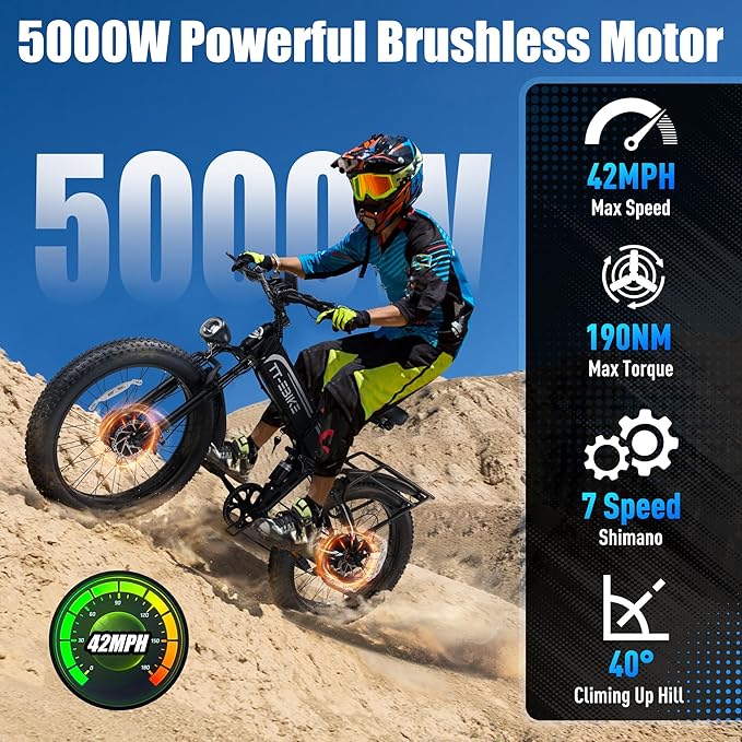 5000W Dual Motor Electric Bike for Adults, 42MPH 60V 30A Battery, 26"x4" Fat Tire Folding All Terrain Ebike, Full Suspension Electric Bicycle with Shimano 7-Speed Gear-4