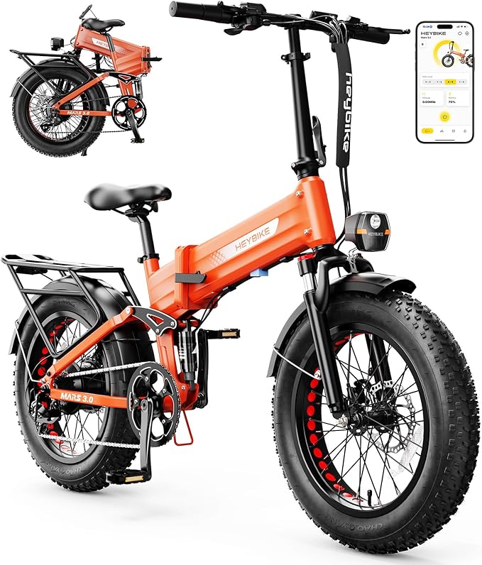 Heybike Mars 2.0/3.0 Foldable Electric Bike, UL2849 Certified, 70+Miles Long Range, 1400W/1800W Peak Motor 32MPH, 624WH Removable Battery, 20"*4 Fat Tire Ebike for Snow, Commute, Full Suspension
