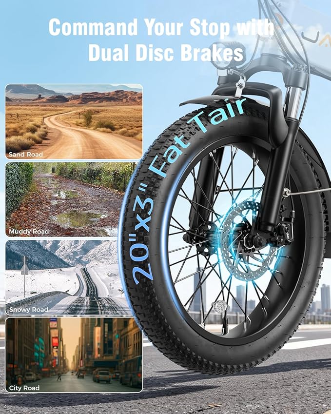Jasion EB7 2.0 Adult Electric Bicycles, 28MPH Folding Electric Bike,1200W Peak Motor, 480WH Battery 55Miles Commute Ebikes for Adults,Shock Absorber,20" Fat Tire for City,Beach,Snow,Mountain