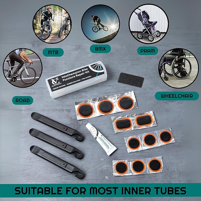 VeloChampion Glue Bike Tyre Puncture Repair Kit with Rubber Solution and Storage Case for All Bicycles; Road, Mountain, Commuter Bikes. 11 Repair Patches. 3 Tyre Levers