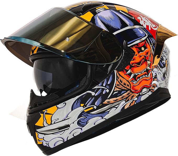 HAX Obsidian Full Face Dual Visor Adult Motorcycle Helmet for Motorbike Street Bike with Pinlock Ready DOT Approved Samurai Gold S