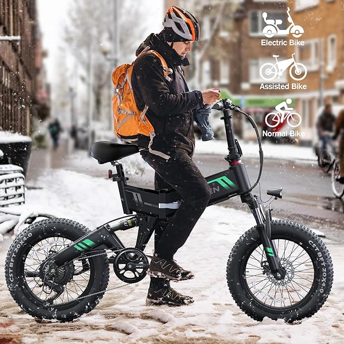 Wooken Electric Bike, 20''X4.0 Fat Tire Electric Bike for Adults,500W(Peak 750W) Foldable Electric Bike with 48V 10Ah Battery,Professional 7 Speed,Shock Absorber, 20MPH Ebike for Mountain Beach Snow