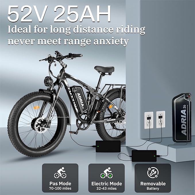 Tuttio Adria26 5000W/6000W Dual-Motor Ebike,40-46MPH Electric- Bike for Adults, 26 * 4" Fat Tire Electric Bicycle, 52V 25AH E-Bike Full Suspension Electric Dirt Bike for Off-Road Mountain Hunting