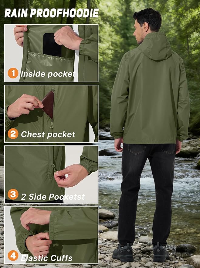 Men's Cycling Jacket Rain Jacket Waterproof Windbreaker Raincoat Running Hiking Gear Hood Lightweight Packable