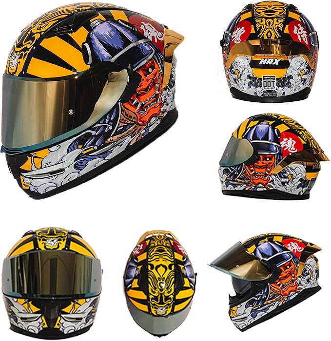 HAX Obsidian Full Face Dual Visor Adult Motorcycle Helmet for Motorbike Street Bike with Pinlock Ready DOT Approved Samurai Gold S