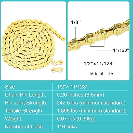 Gold 9 Speed Bike Chain, Bicycle Chain Bike Parts Chain Replacement for Road E-Bike Mountain Racing Cycling E-Bike MTB BMX (Gold 9 Speed)