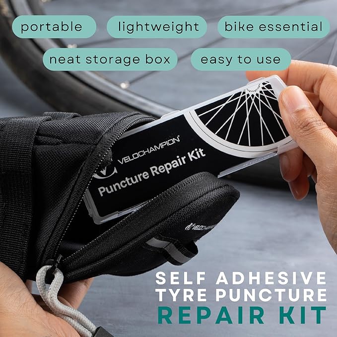 VeloChampion Puncture Repair Kit | Self-Adhesive Bike Tyre Patches for Road, MTB, BMX, Ebike| Travel Size Bicycle Puncture Repair Kit | 6, 10 or 40 Pack + Optional Tyre Levers