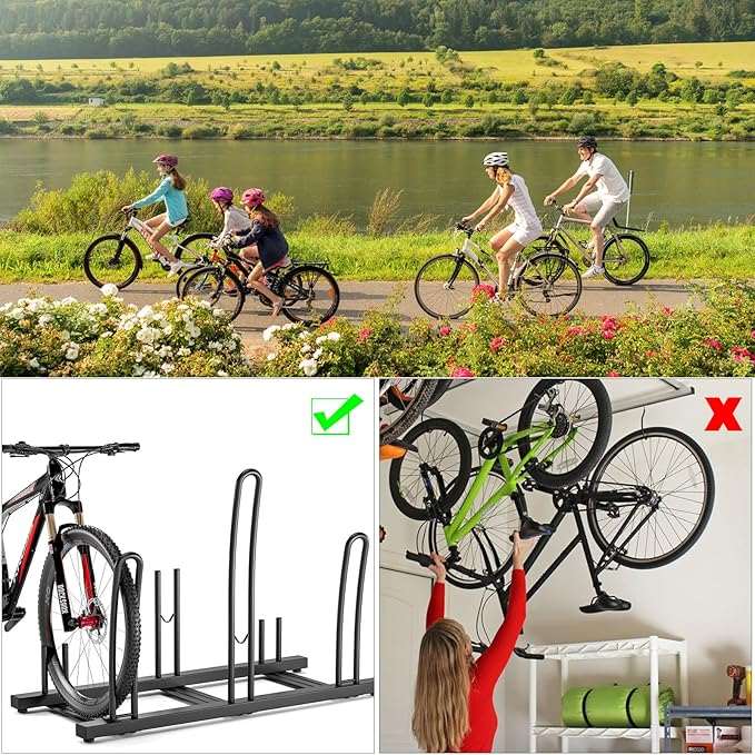 CXWXC 3/5 Bikes Stand Rack - Bike Storage Parking Racks Indoor/Outdoor - Bicycle Stand Garage for Parking Mountain Road Hybrid Bike, Fits Wheels up to 2.4" (on floor for 3 bikes)