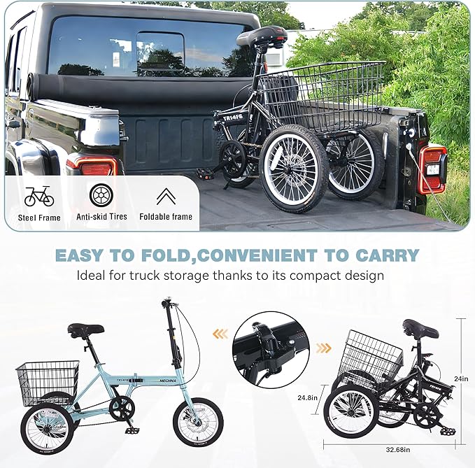 14 inch Folding Tricycle Dual Disc Brake Three Wheel Cruiser Bike Large Capacity for Adult