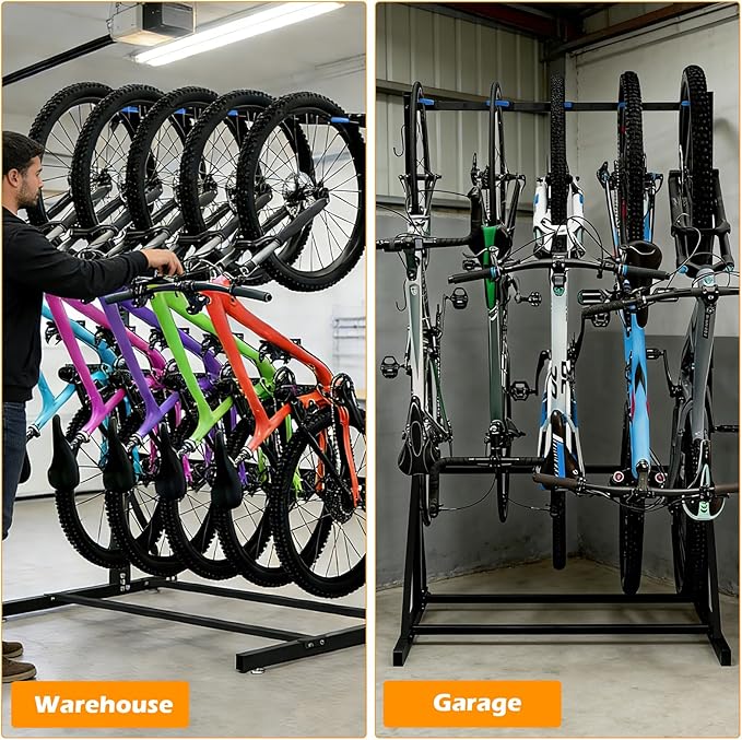 LAJIAOZ Indoor Bike Rack for Garage 5 Bike Storage Stand, Freestanding Vertical Bicycle Rack with Adjustable Hooks, Heavy Duty Steel Garage Bike Organizer for Road Mountain Hybrid Bikes, Black