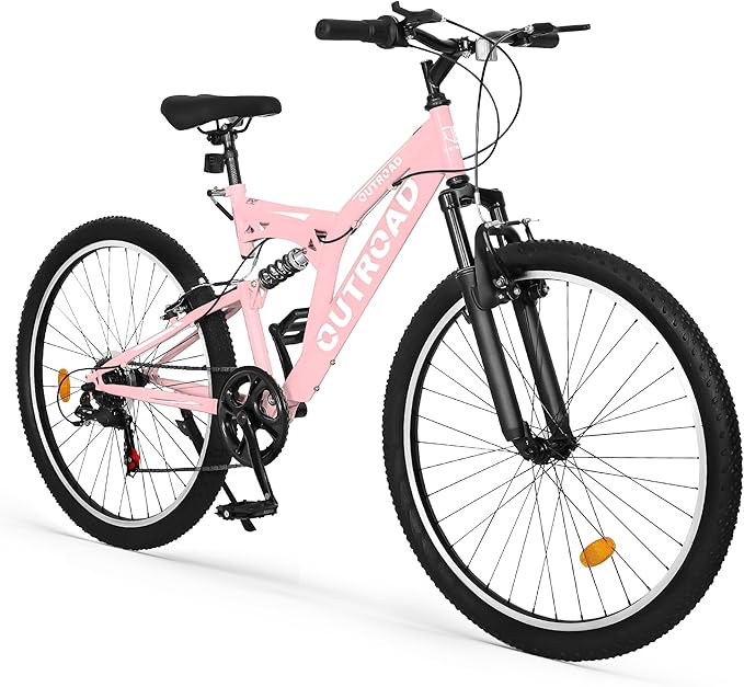26 inch Mountain Bike Dual Full Suspension, Outdoor Hybrid Bikes,7-Speed/High-Carbon Steel, for Men Women Adult, MTB Bicycle with Suspension Fork,Sleek Colors
