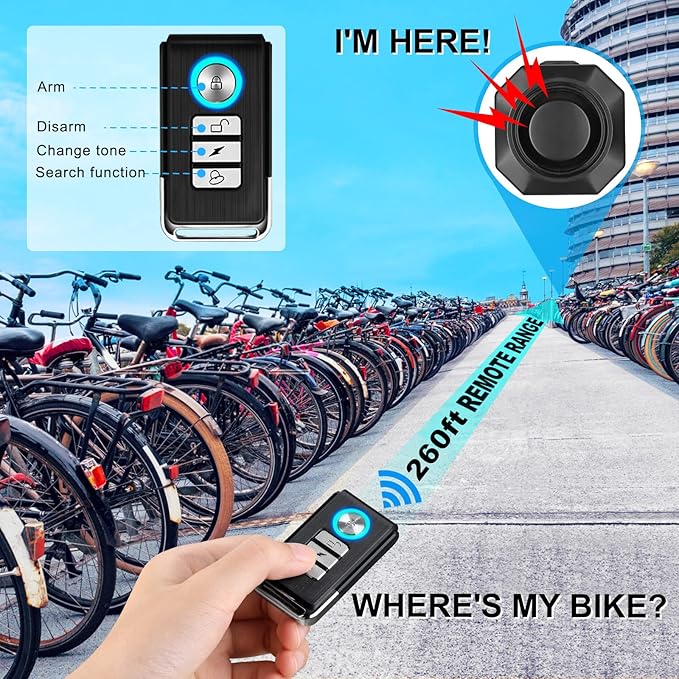 WSDCAM USB Rechargeable Bike Alarm with Remote, 110dB Loud Wireless Anti Theft Vibration Motion Sensor Vehicle Security Alarm System Waterproof Bicycle Trailer Motorcycle Alarm