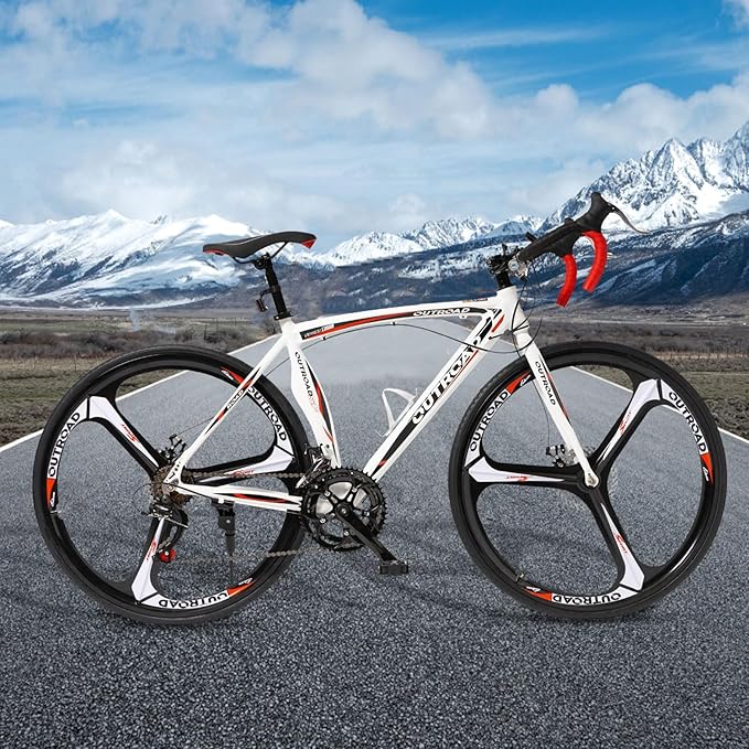700C Wheel 21/14 Speed Road Bike with Light Weight Aluminum Alloy Frame, Commuter Bicycle with Dual Disc Brakes for Men and Women, Adult Faster Racing Bike, Red/Blue