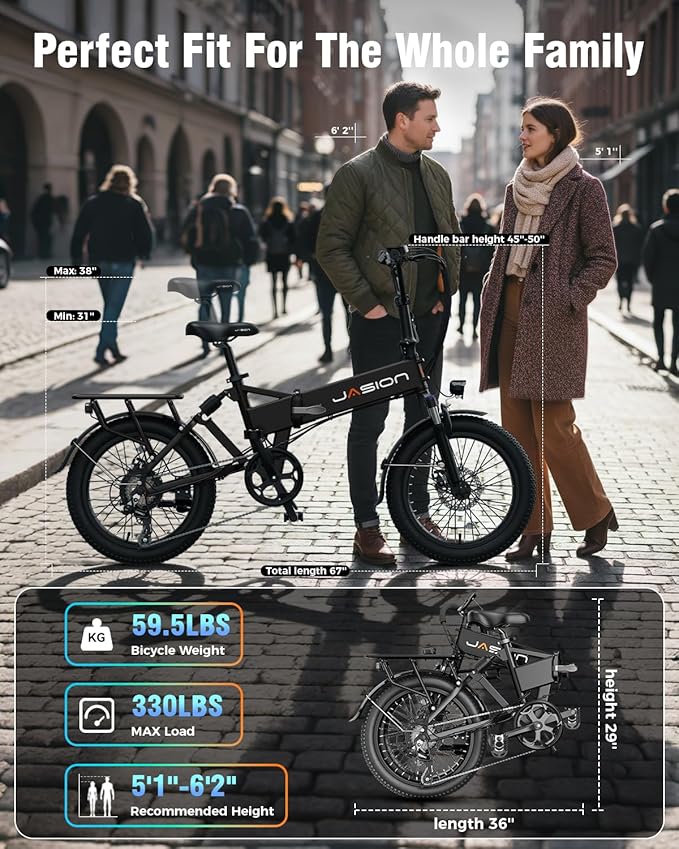 Jasion EB7 20" Foldable Electric Bike Fat Tire for Adults, 1200W Peak, 48V Removable UL-Certified Battery, 28MPH 55 Mi Range Commuter Electric Bike with Dual Suspension for City,Beach,Snow,Mountain
