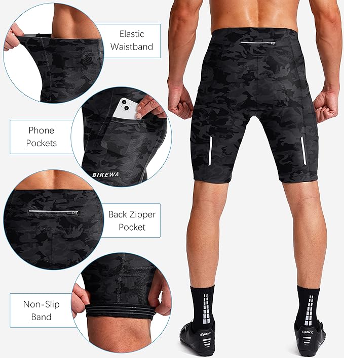 Bikewa Men's Bike Shorts 3D Padded Cycling Road Biking Mountain Riding Biker Bicycle UPF 50+ Cycle Shorts Zipper Pockets