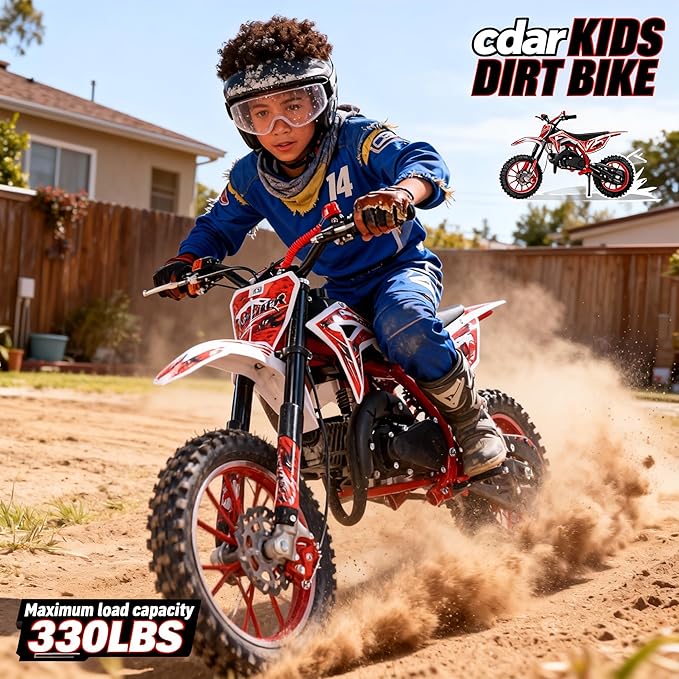 cdar 49CC 2-Stroke Kid Dirt Bike, Gas Dirtbike Children Motorcycle Gas Powered Off-Road Motorbike with Soft Seat Cushion Pocket Motorbike Front Rear Disc Brakes Birthday Gifts for Boys Girls 6-14 Red