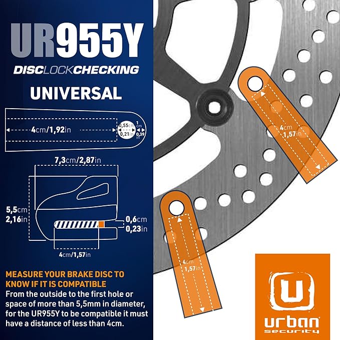 URBAN UR955Y Motorcycle Disc Lock, Compact and Effective Security, More Visible More Deterrent, Quick Click Locking, Universal Anti Theft Wheel Brake Lock for Motorbike Scooter Electric Bike Bicycle