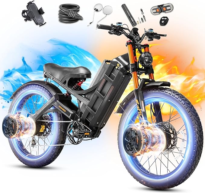 eAhora 2026 Romeo Pro3/2 50/46Mph Ebike 5600/4000W Dual Motor 200+Miles Electric Bike for Adults, 52V/70Ah 60V/80Ah Long Range 26 * 4.0" Fat Tire Full Suspension Electric Mountain Bike