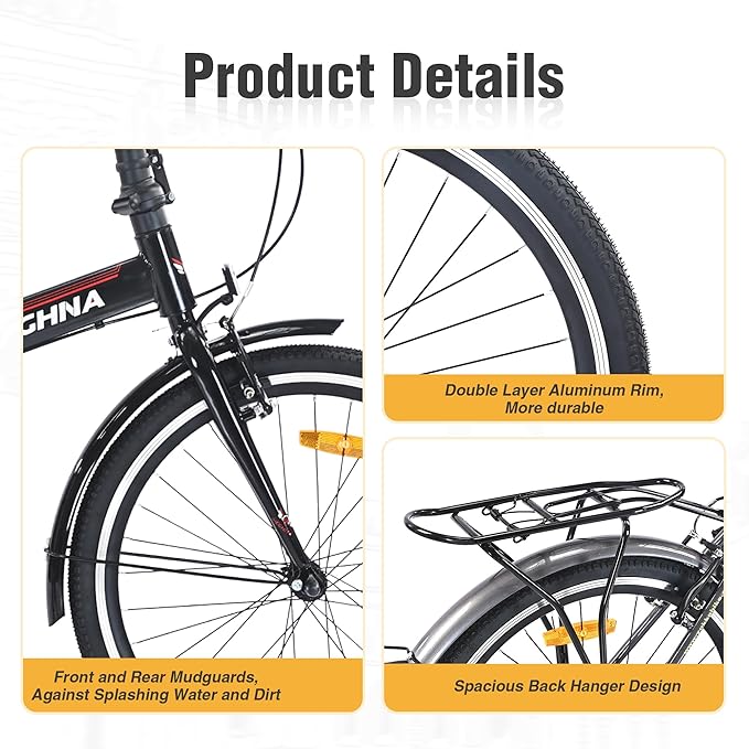 24" Folding City Bikes Steel Frame 7 Speed Folding Bikes,Lightweight Folding Bikes，Folding Commuter Bike for Adults/Men/Student，Bike with Rear Rack，Adjustable Stem，3 Colors