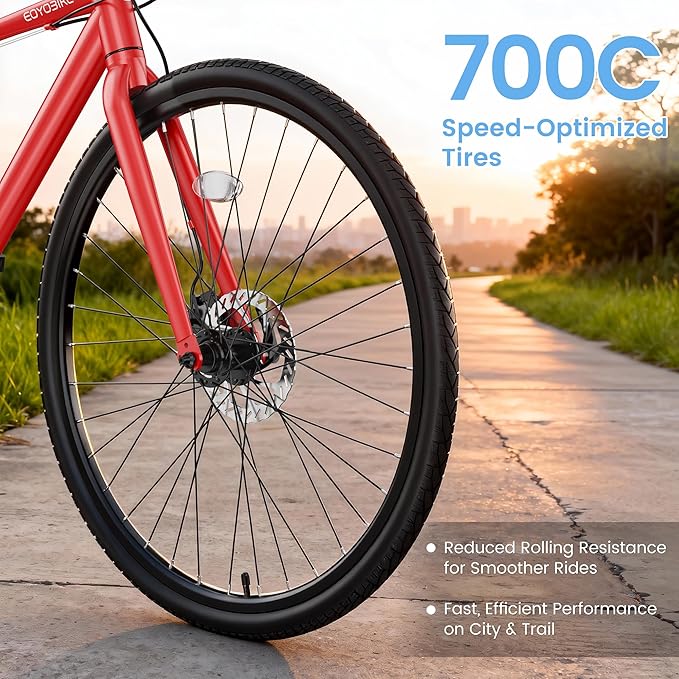 700C Hybrid Bike for Adults, Lightweight Aluminum City Commuter Bicycle, 8-Speed Urban Fitness Bike for Men & Women, Dual Disc Brakes, Upright Handlebar, LED Headlight & Reflectors