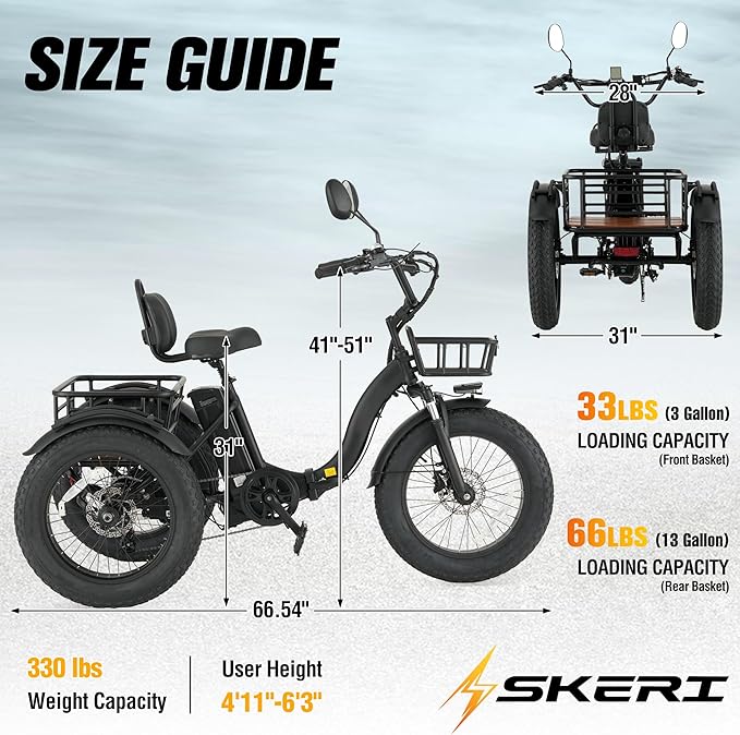 Skeri Electric Tricycle for Adults, 750W(Peak 1350W) Motor Etrike, 20"x4" Folding Fat Tire Electric Trike, 48V13Ah Battery, 3-Wheel Electric Bike, 20MPH, Front & Rear Basket & Differential
