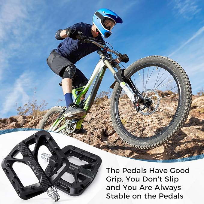 NUWAB Mountain Bike Pedals, 9/16 Inch Axle Thread Anti-Slip Bicycle Pedals, Lightweight and Wide Platform Flat Pedals for Road Mountain BMX MTB Bike, Come with Installation Tool
