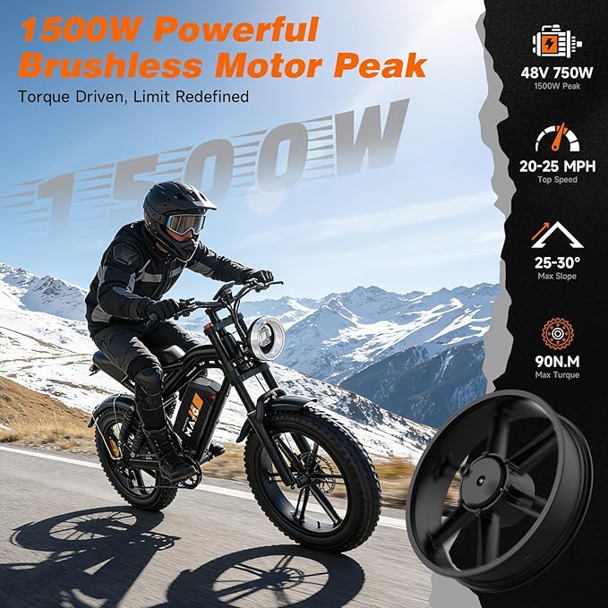 Electric Bike for Adults, 1500W-3000W Peak Ebike with Full Suspension, 20" x 4.0 Fat Tire Retro Scrambler Moped Style, 48V/52V Long Range All-Terrain Electric Bicycle, UL 2849 Certified