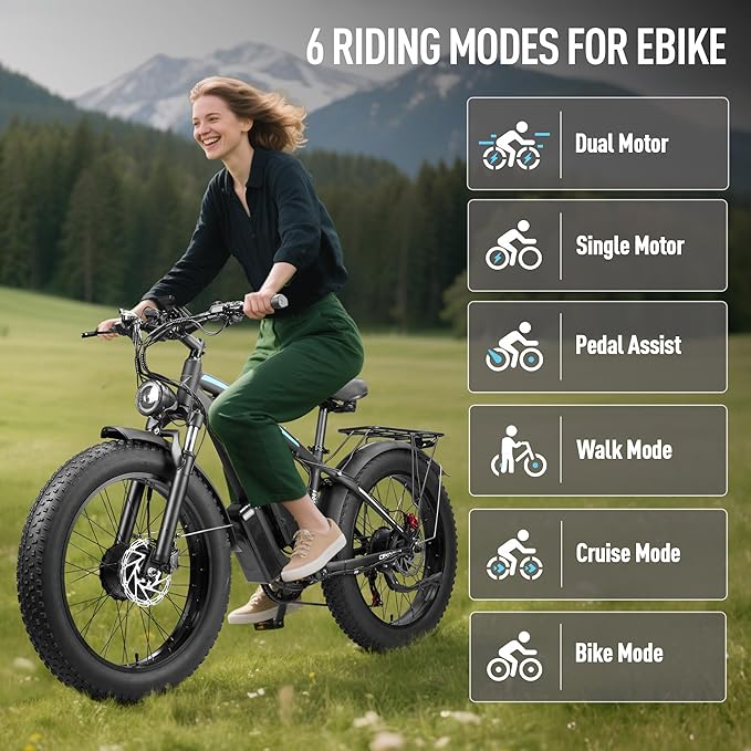 58V Max-Output Dual Motor Ebike, Peak 9000W for Adults 36AH Battery 47MPH 105 Miles Range 24 Inch Fat Tire Electric Bike LCD Display for Man Women