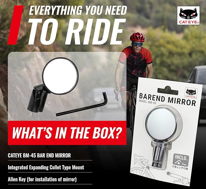 CATEYE BM-45 Bar End Mirror – Ultra Compact Mirror for Road, MTB and Gravel Bikes, Durable Aluminum with Scratch-Resistant Glass, Visibility and Safety for Cyclists