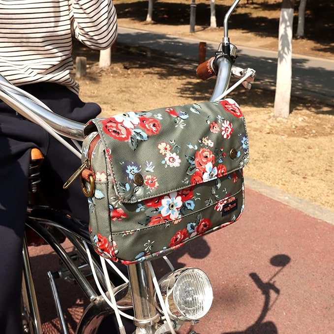 TOURBON Bike Bag Waxed Canvas Bicycle Handlebar Bag Zipper Closure Pouch Crossbar Front Frame Basket Cycling Saddebag Under Seat Strap-on Rear Rack Pannier (Green with Flower)