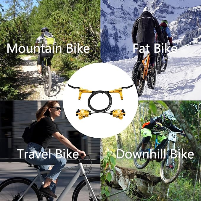 MTB Front Hydraulic Disc Brakes, Gold Aluminum Alloy Hydraulic Brakes for Mountain Bike Right Rear 1700mm Hydraulic Bicycle Brakes with is/PM Adapter Fit 160mm Rotor