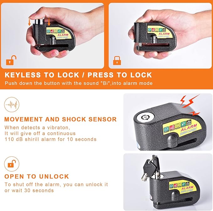 Motorcycle Alarm Disc Brake Lock, Motorcycle Locks Anti-Theft Security Wheel Disc Lock Waterproof 110dB Alarm Sound with 5ft Reminder Cable Keys and Carry Pouch for Motorbike Bike Scooter