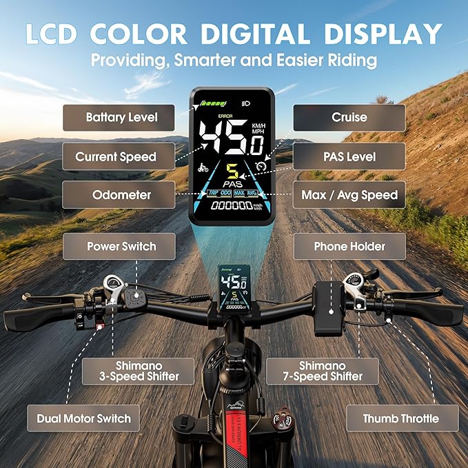 DATAONA 6500W Dual Motor Ebike for Adults Men 20MPH - Fast Electric Bike with 52V 32Ah Battery Up to 100 Miles, Lockable Suspension 24" Fat Tire Electric Bicycle for Off-Road Mountain Snow Commuter UL