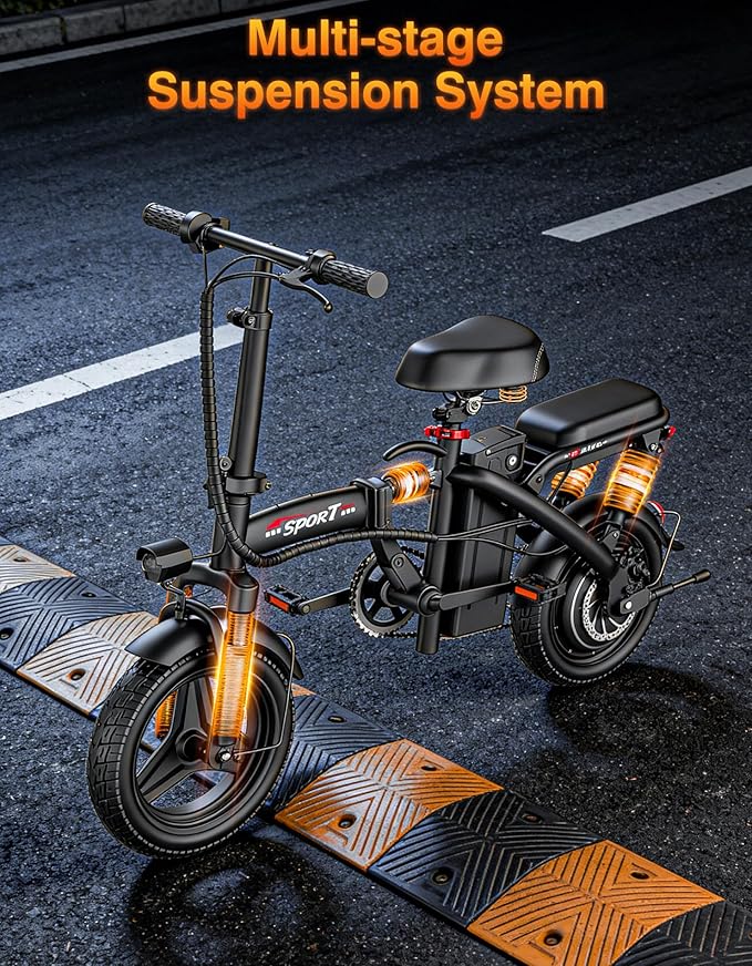 Electric Bike for Adults Teens, 1200W Peak Motor, 25MPH Folding E-Bike, 480/720Wh Battery, 45 Miles Range, Advanced 6/8 Point Suspension, 14" Compact Electric Bicycle with Pedals for Commuting