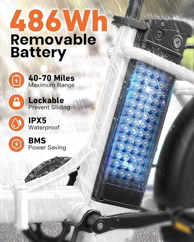 Electric Bike, 1000W Peak Folding Electric Bike, 486Wh 70 Miles Range Ebike, Waterproof Removable Battery, 7 Speed, 25 MPH Max, 20" Step-Thru Bicycle with Front Basket