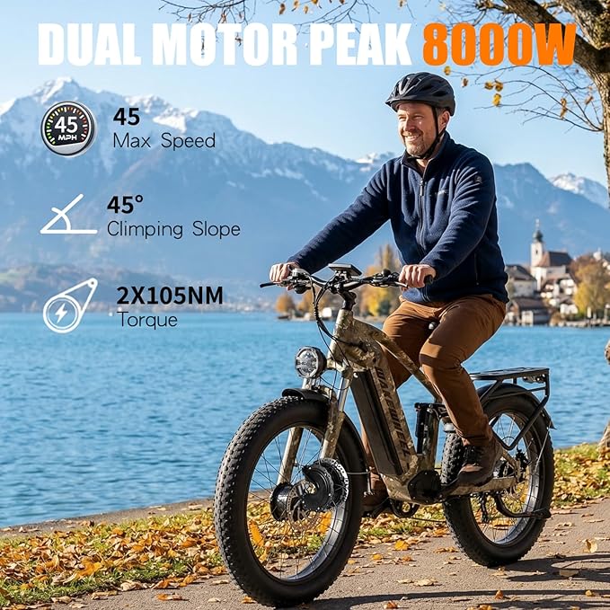 8000w Electric Bike for Adults, 60V 32Ah Battery Ebike, Fat Tire & Long Range Electric Bicycles, 210Nm Mountain Bike Full Suspension, Hydraulic Brake Electric Bicycle